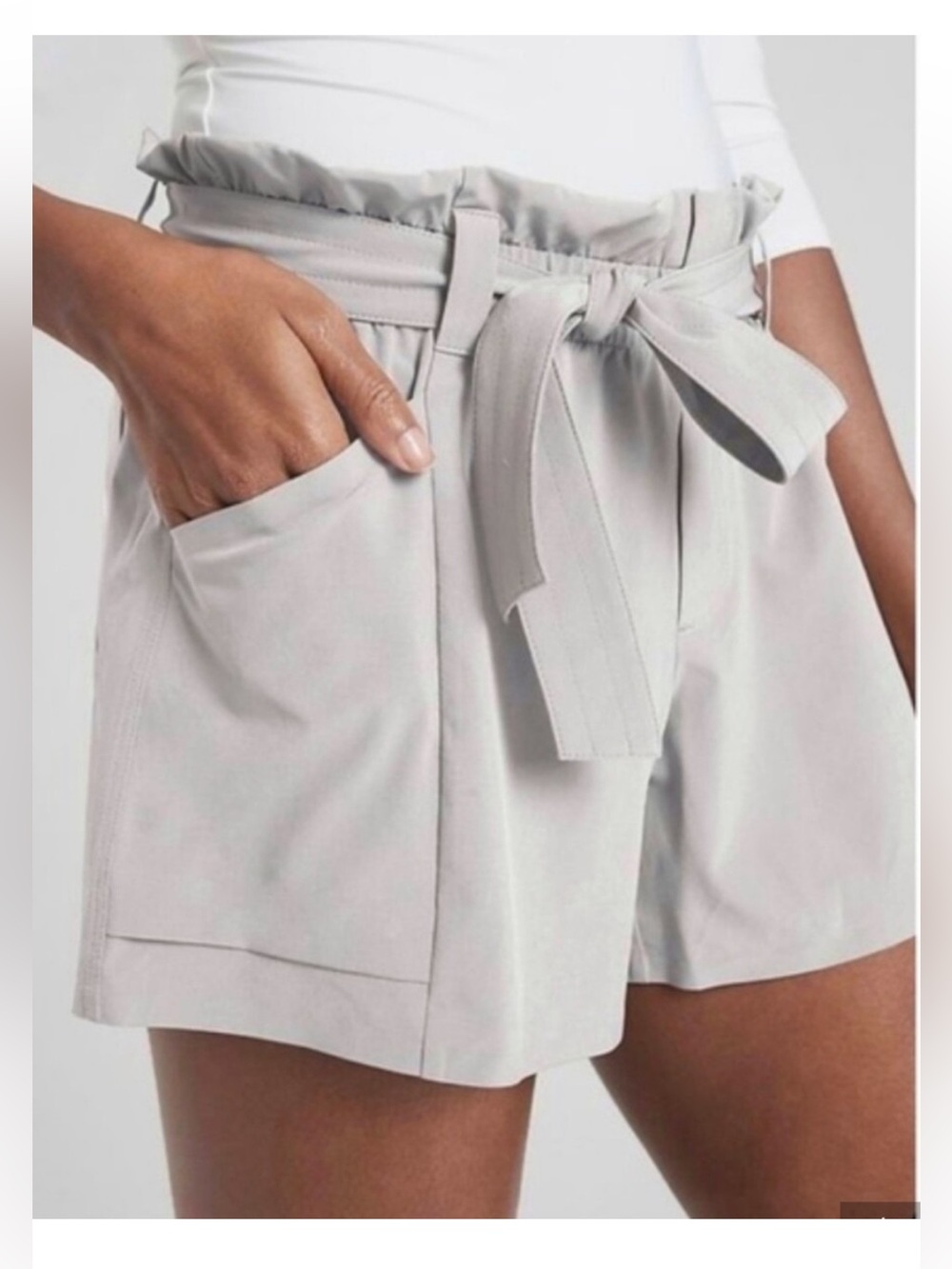 Athleta Skyline Paper Bag Waist Shorts | 12 | Stone Gray